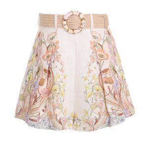 NWT Zimmermann Tuck Shorts Floral Swirl Print Linen Watercolor Beige Belted 0